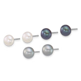 Sterling Silver Rhodium-plated 7-8mm Button White/Grey/Black Freshwater Cultured Pearl 3-Pair Boxed Post Earring Set
